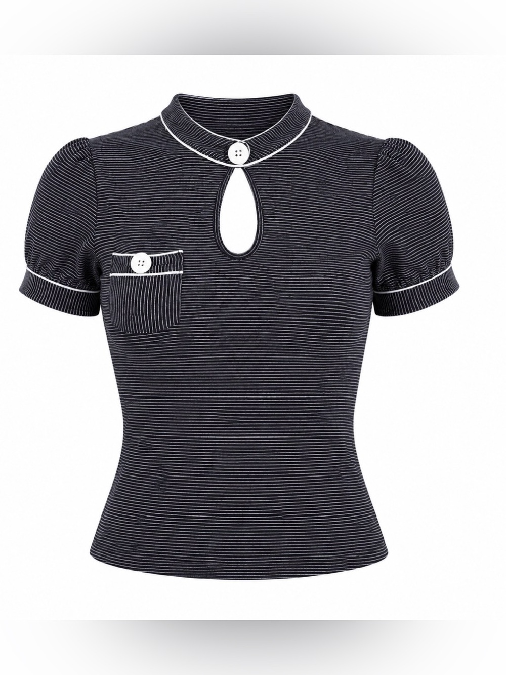 Black & White Striped Keyhole Puff Sleeve Top - Size Small